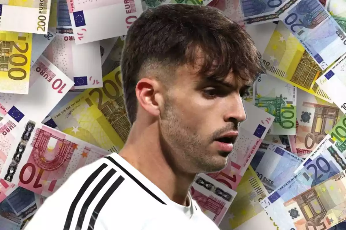 Un hombre con camiseta deportiva frente a un fondo de billetes de euro.