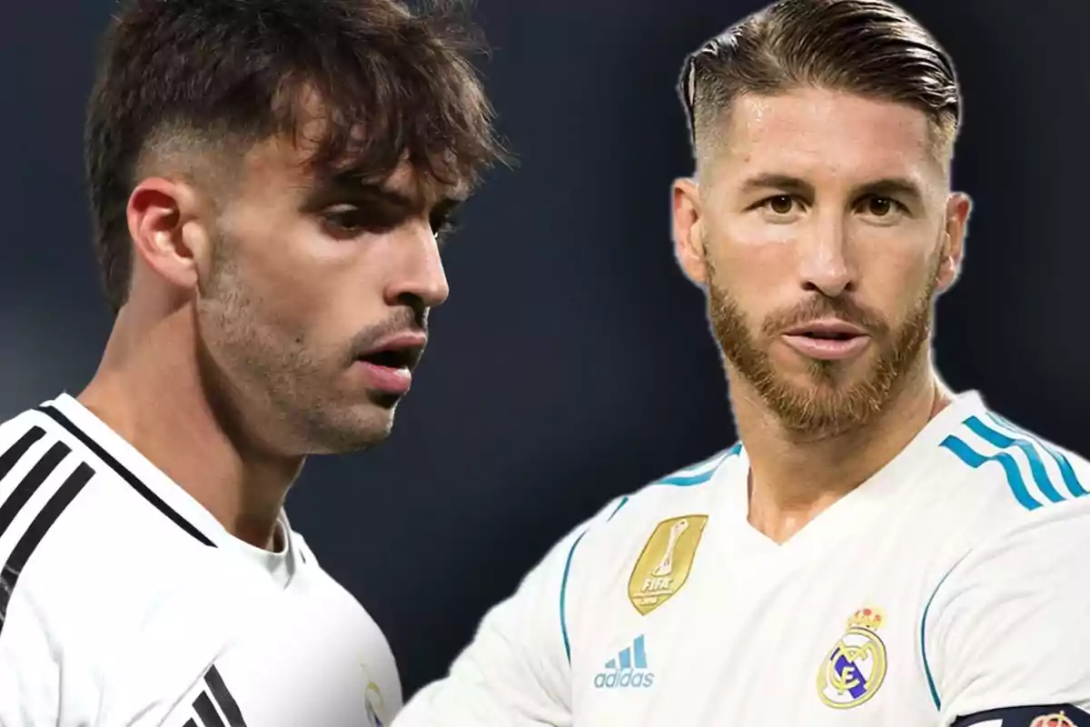 Two footballers wearing white Real Madrid jerseys, one in profile and the other facing forward.