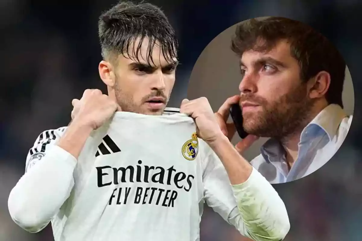 Un jugador de fútbol del Real Madrid levanta su camiseta mientras un hombre aparece en un recuadro hablando por teléfono.