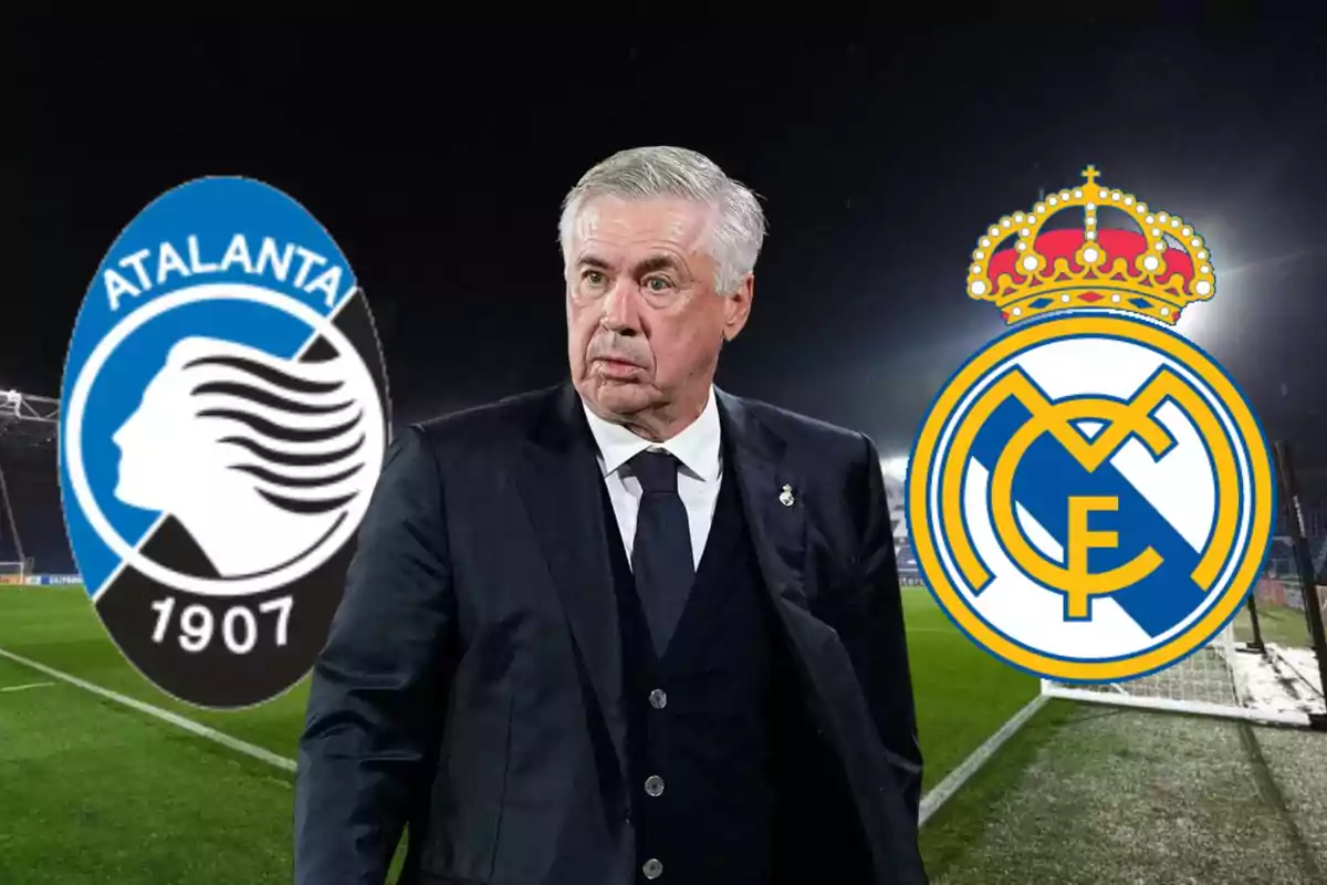 Un hombre de traje está en un campo de fútbol con los logotipos de Atalanta y Real Madrid a su lado.