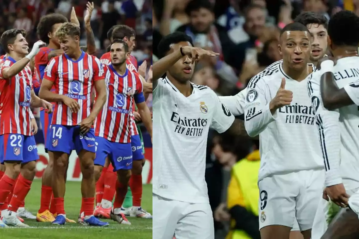 Soccer players from two different teams celebrating on the field.