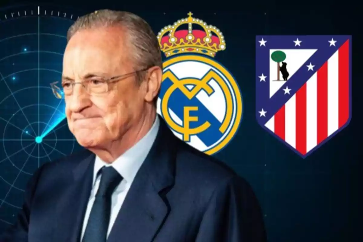 Un hombre de traje frente a los escudos del Real Madrid y Atlético de Madrid.