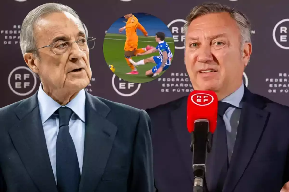 Dos hombres en traje están frente a un fondo con el logo de la Real Federación Española de Fútbol; uno de ellos sostiene un micrófono con el mismo logo, y hay una imagen superpuesta de un jugador de fútbol en acción.