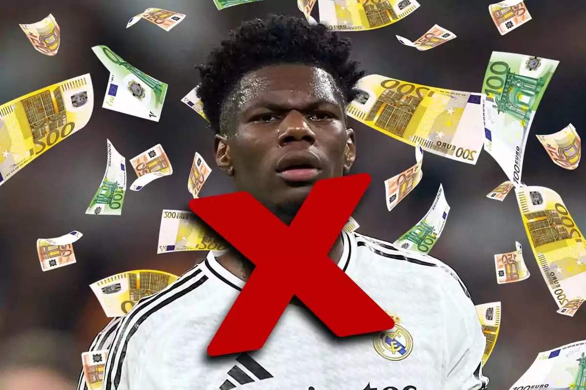 A soccer player with a big red X on his chest surrounded by euro bills floating in the air.