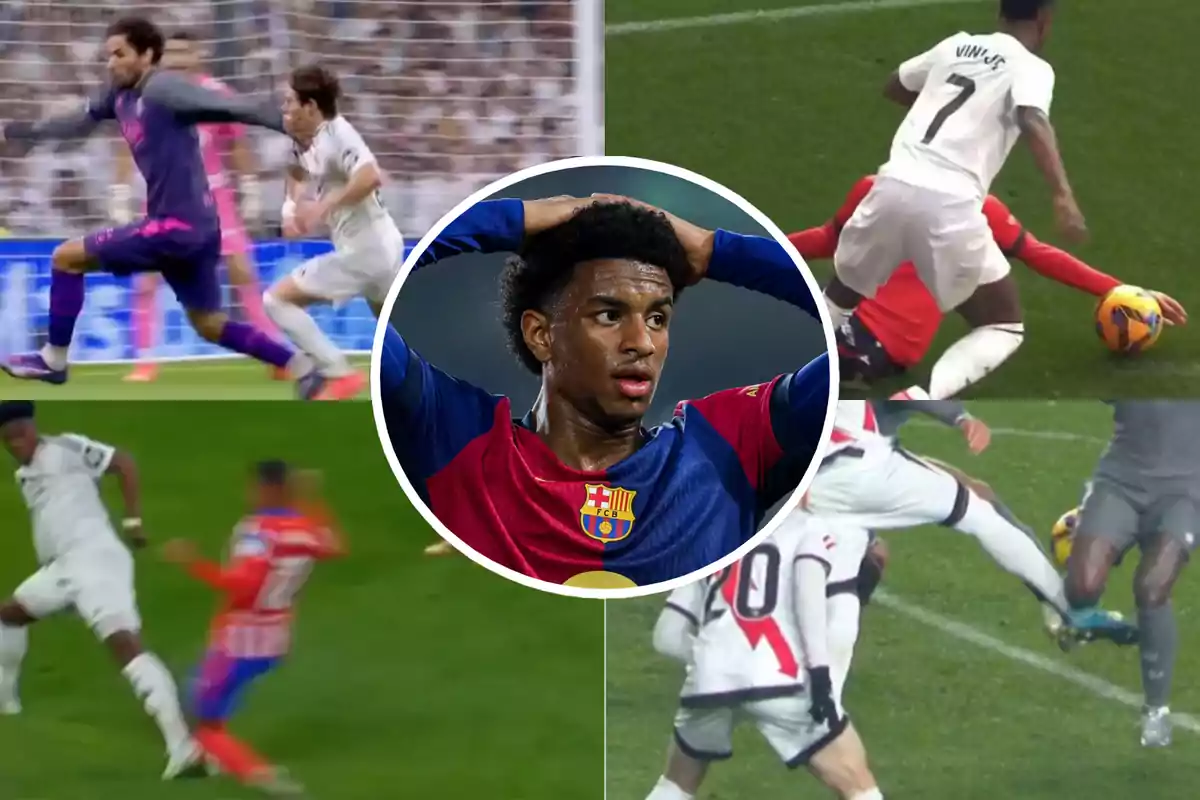 Un collage de imágenes de fútbol con un jugador en el centro con las manos en la cabeza, rodeado de escenas de acción en el campo.