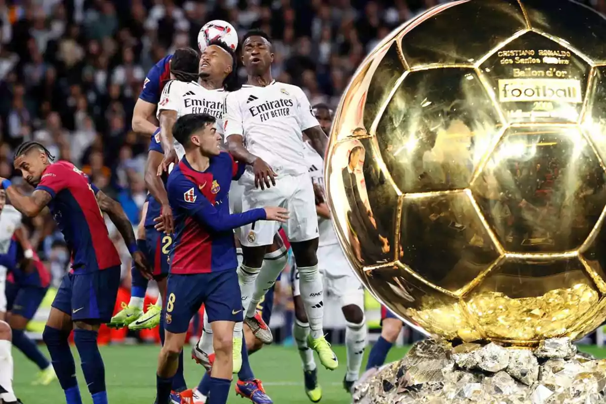 Soccer players in action during a match, with a large golden trophy in the foreground.