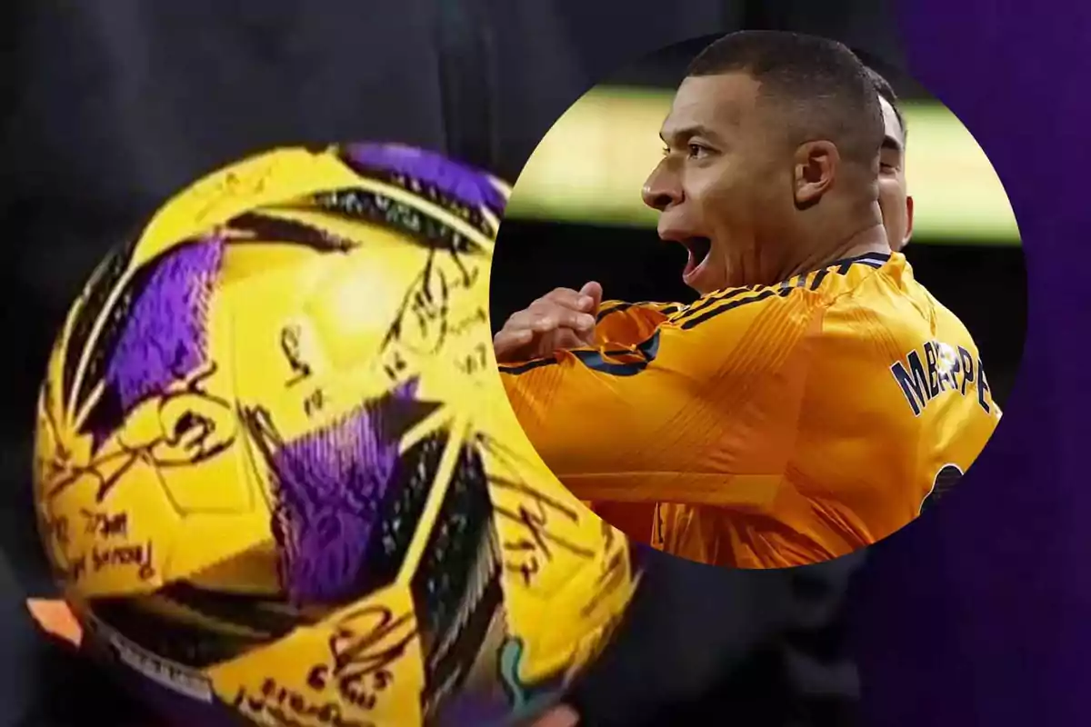 Un balón de fútbol amarillo y morado con firmas y un jugador celebrando con una camiseta amarilla.