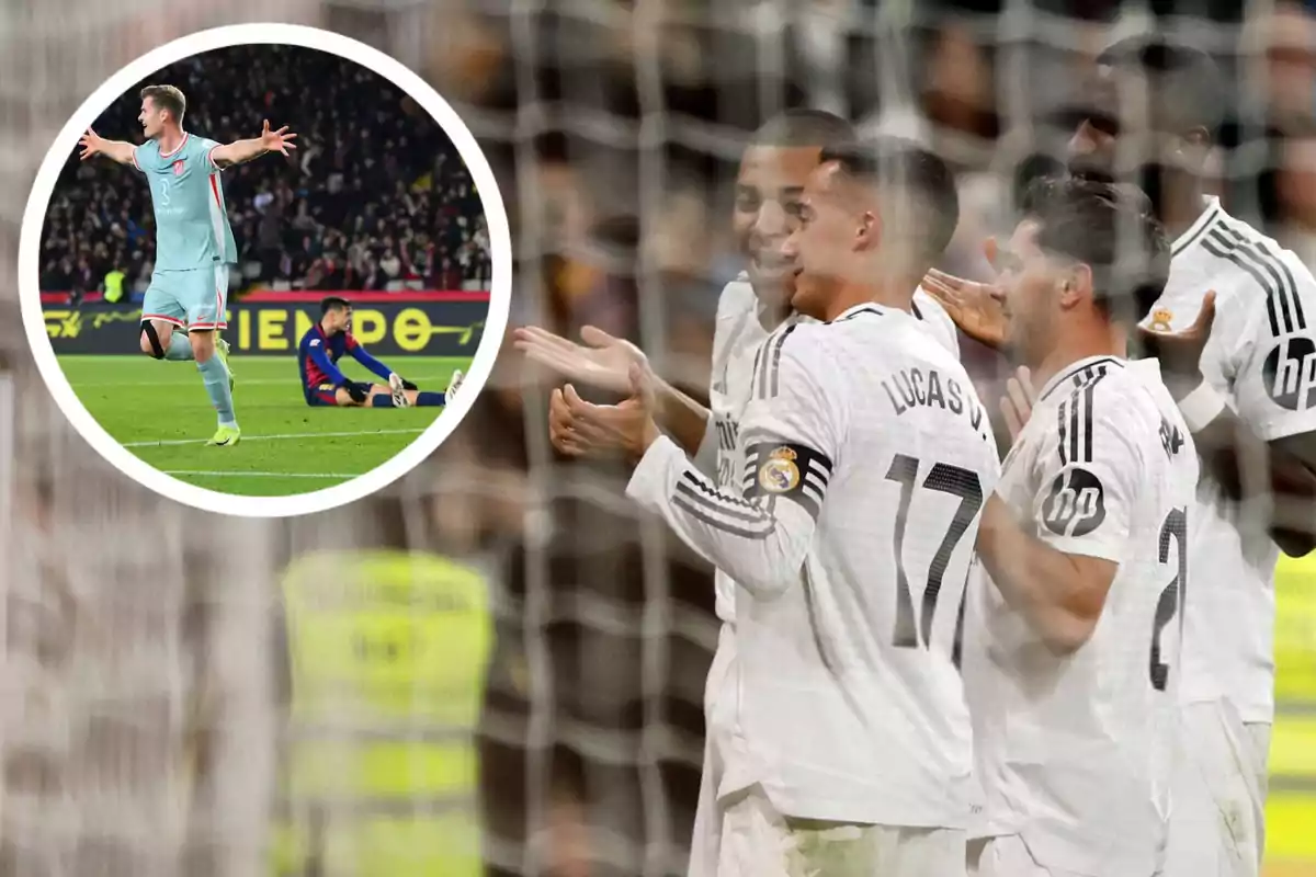 Jugadores de fútbol celebrando en el campo con una imagen insertada de un jugador en acción durante un partido.