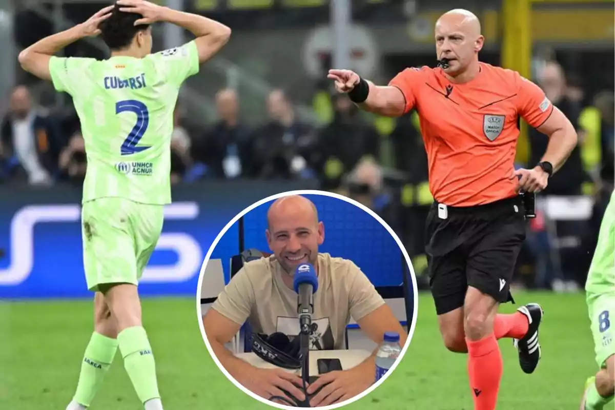 Un árbitro señala una decisión en el campo mientras un jugador se lleva las manos a la cabeza; en un recuadro, un hombre sonríe frente a un micrófono.