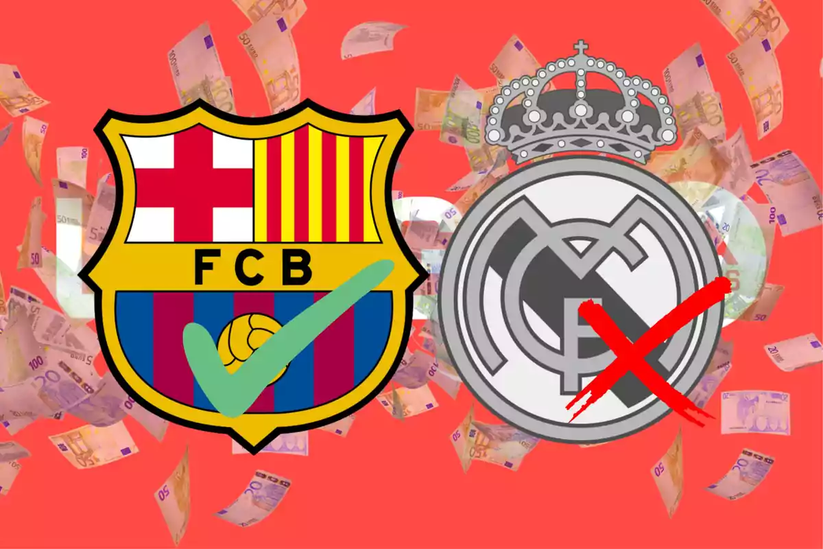 Barcelona and Real Madrid crests over a background of banknotes, with a green dove on the Barcelona crest and a red X on the Real Madrid crest.
