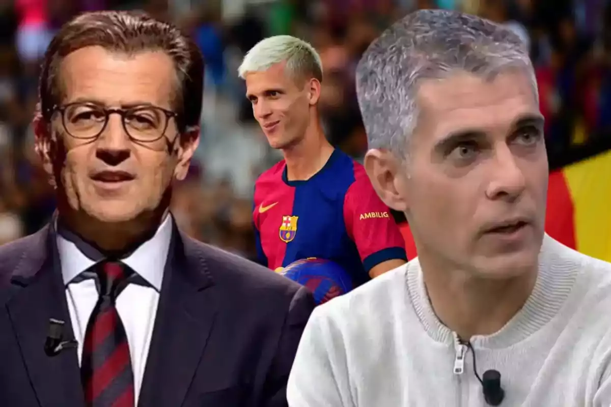 Three men in a montage, one in a suit and glasses, another in a Barcelona jersey and blond hair, and the third in a grey sweater.