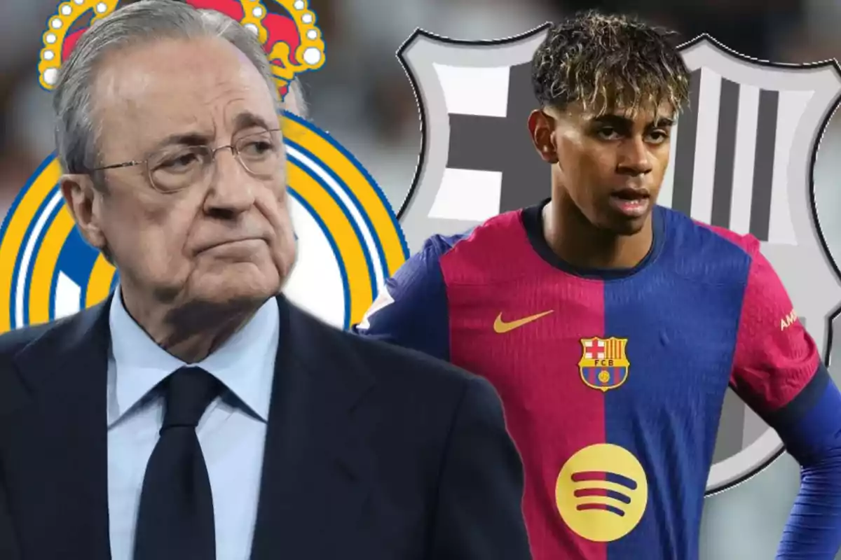 Un hombre mayor con gafas y traje oscuro está al lado de un joven futbolista con uniforme azul y rojo, con los escudos de dos equipos de fútbol en el fondo.