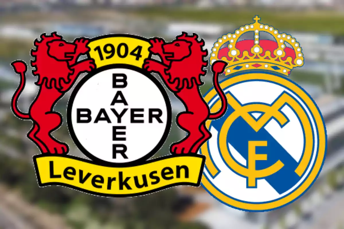 Bayer Leverkusen and Real Madrid football team crests superimposed on a blurred background.