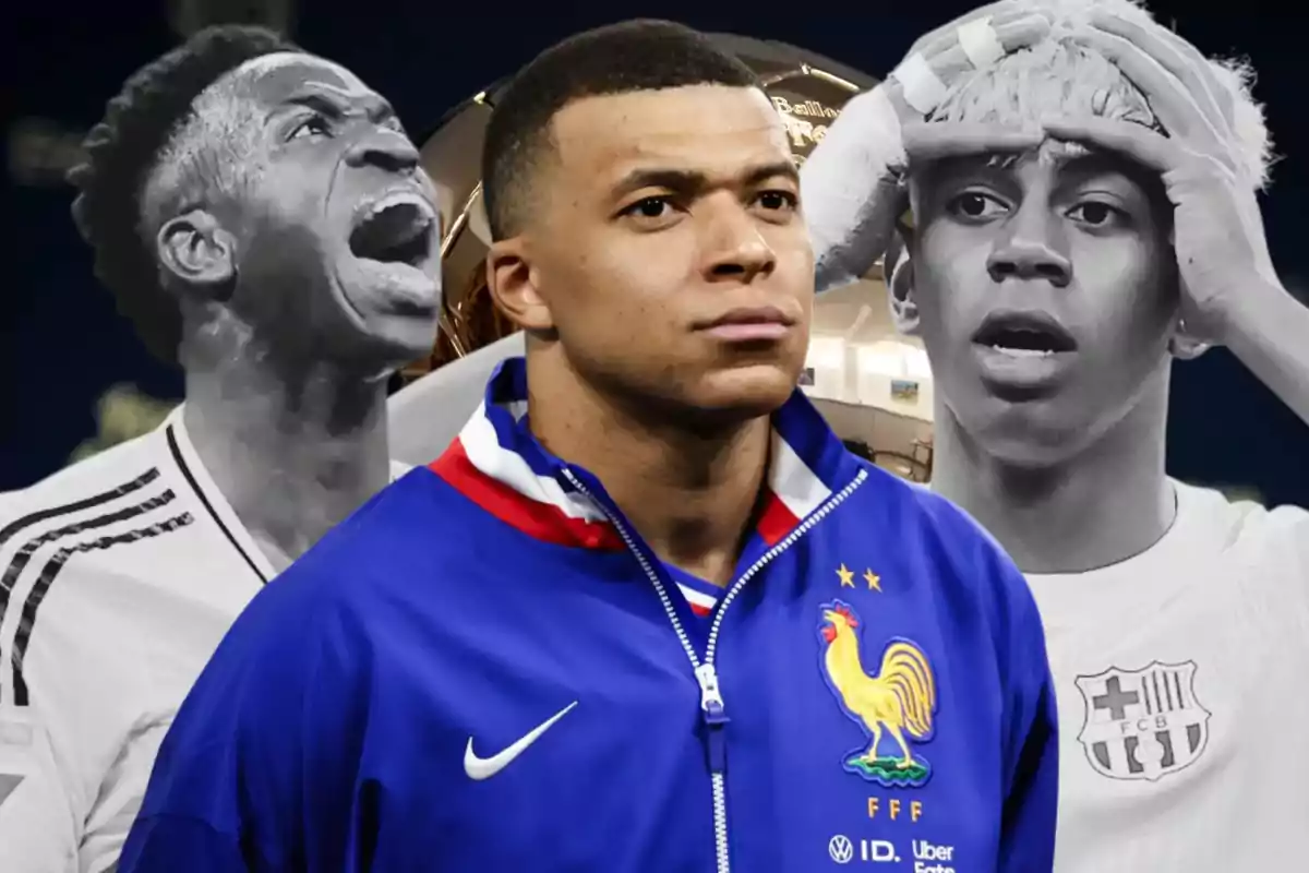 Three outstanding players, with a color image in the center and two in black and white on the sides, with a golden ball in the background