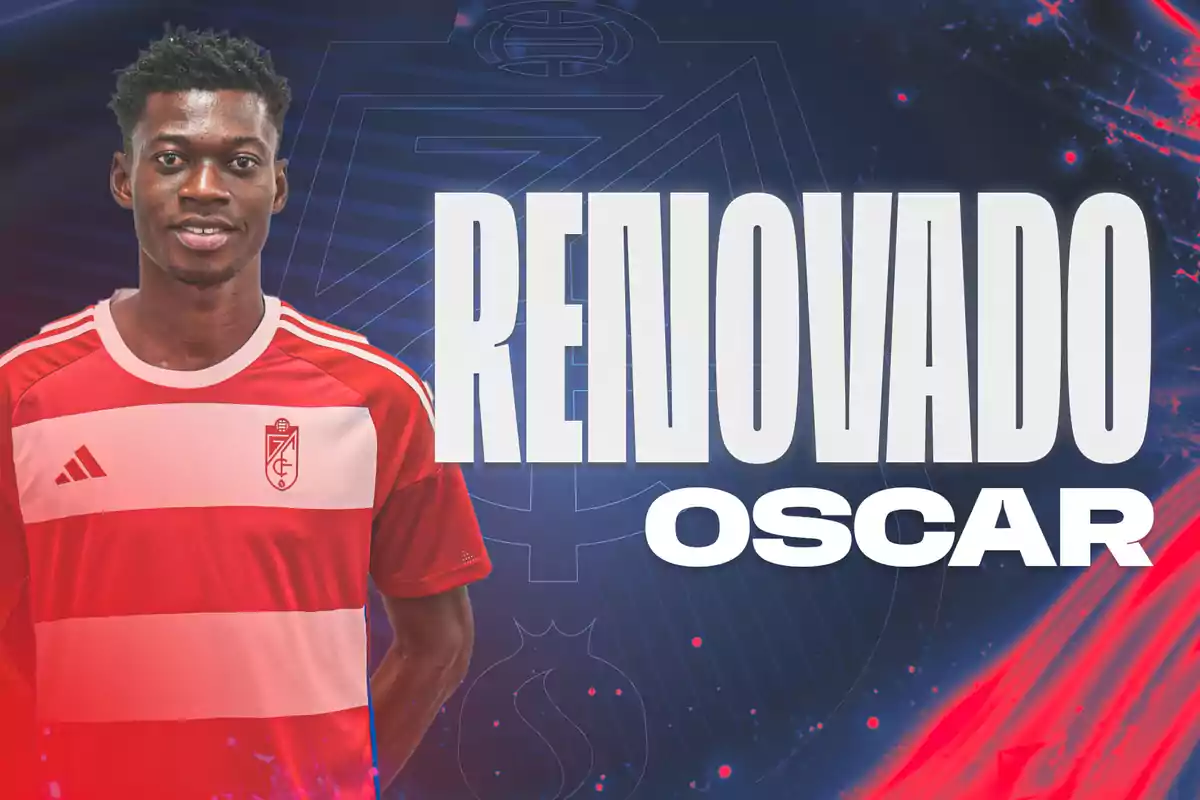 Granada CF player in a red and white jersey next to the text Granada CF player in a red and white jersey next to the text