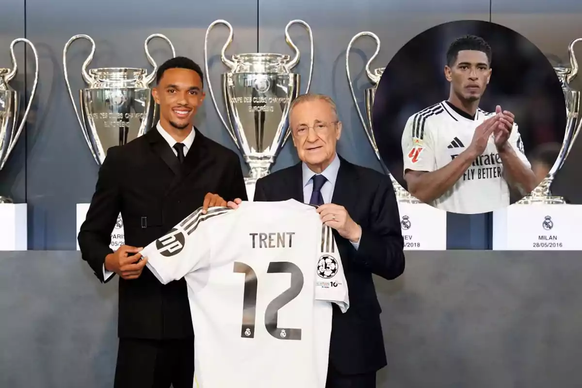 Two men pose smiling, holding a white jersey with the name Trent and the number 12 in front of Champions League trophies, while in the top right corner an image of a footballer applauding appears.