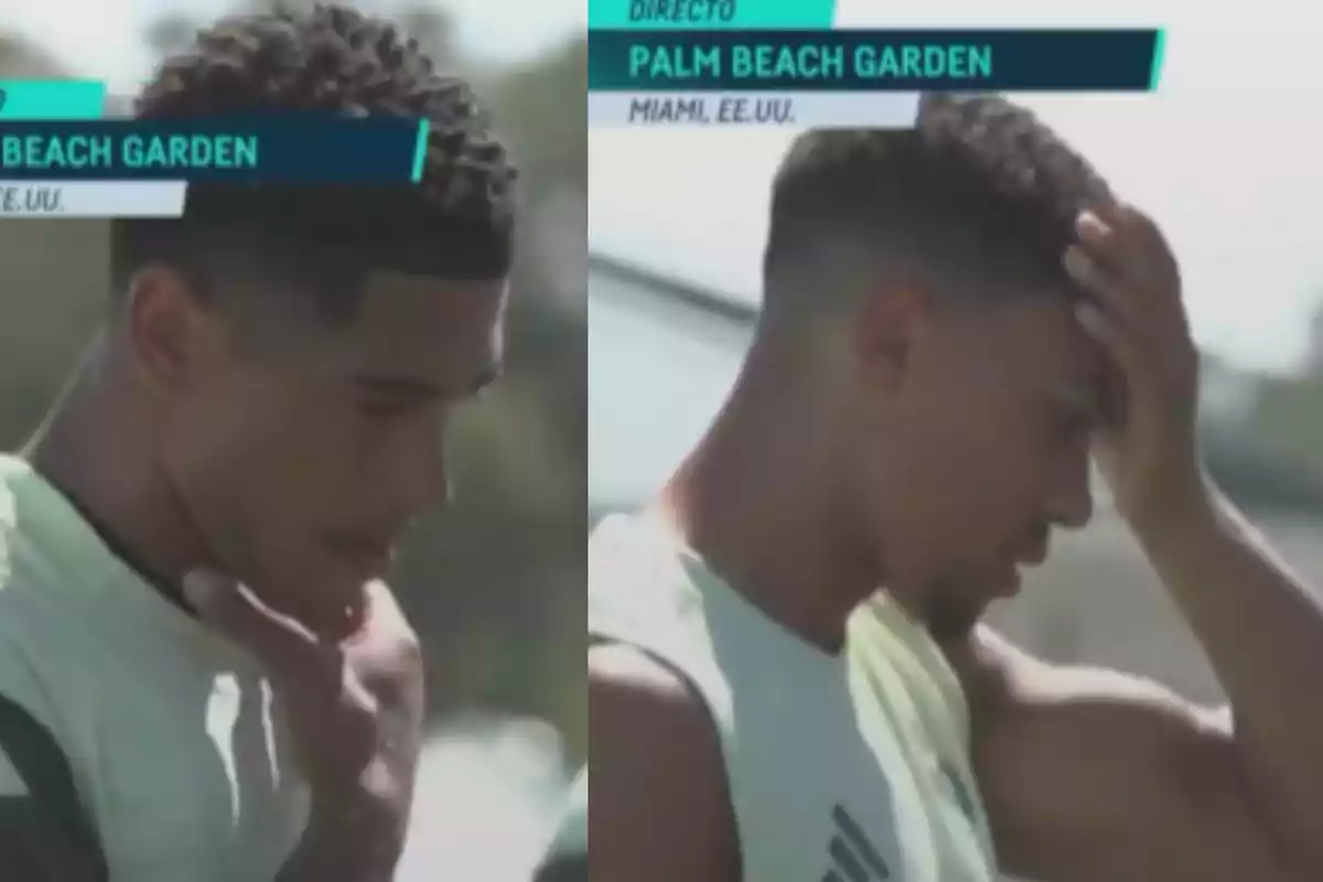 Un hombre con camiseta deportiva clara aparece pensativo y preocupado en dos tomas diferentes durante una transmisión en Palm Beach Garden.