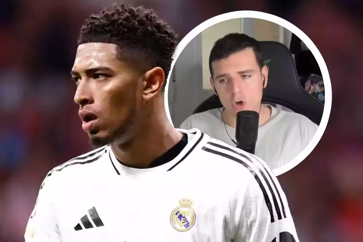 A player wearing a Real Madrid jersey and a man speaking in front of a microphone in a box.