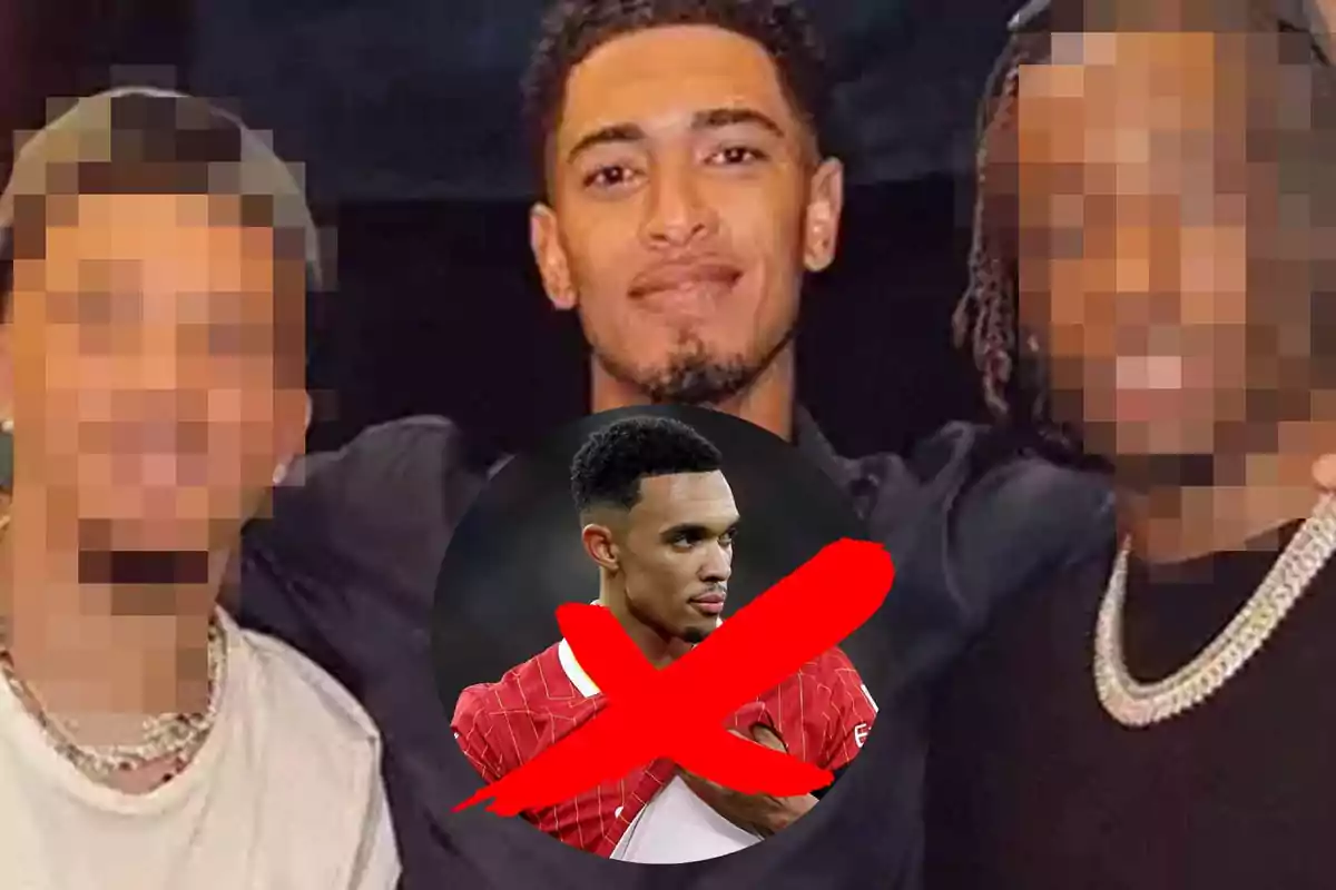 Three people with pixelated faces pose together as a superimposed image of a soccer player with a red cross appears in the foreground.