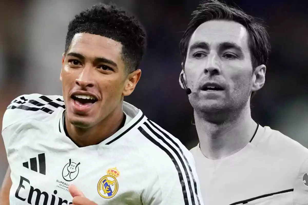 A player from Real Madrid celebrating on the field next to the black and white image of a referee.