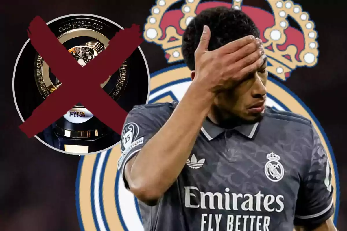 A player with his hand on his forehead appears in front of a team's crest, while a Club World Cup trophy is crossed out with a big red X.