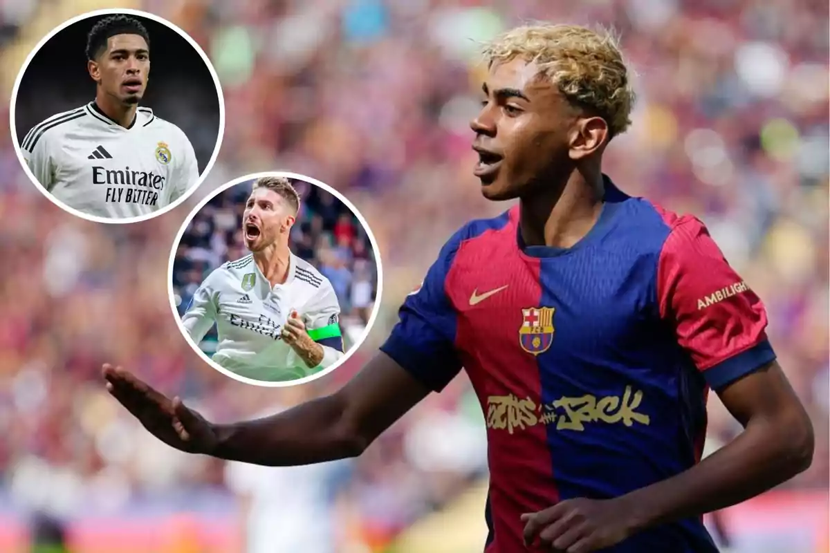 Un jugador del FC Barcelona celebra mientras dos jugadores del Real Madrid aparecen en círculos superpuestos.