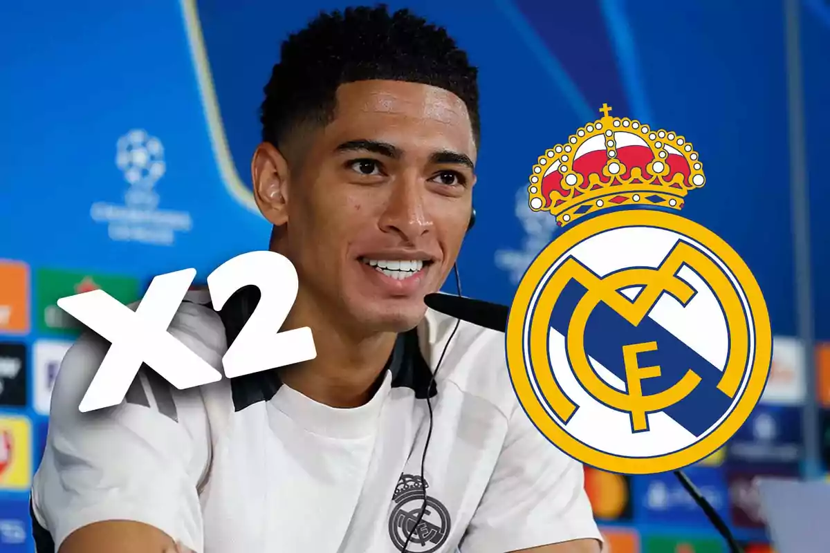 A player at a press conference with the Real Madrid logo and a text that says "x2".