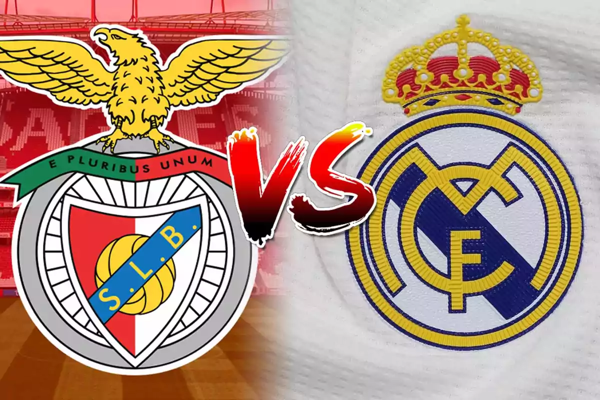 Benfica and Real Madrid crests facing each other with a VS in the center