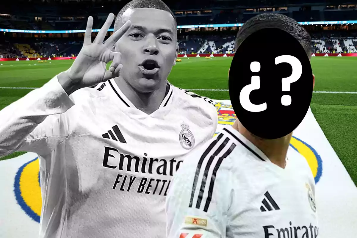 A player wearing a Real Madrid jersey makes a hand gesture while another player's face is covered by a question mark in a stadium.