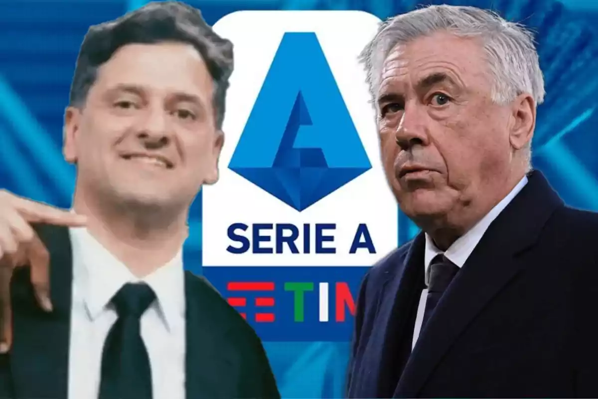 Dos hombres con traje frente al logo de la Serie A de fútbol.