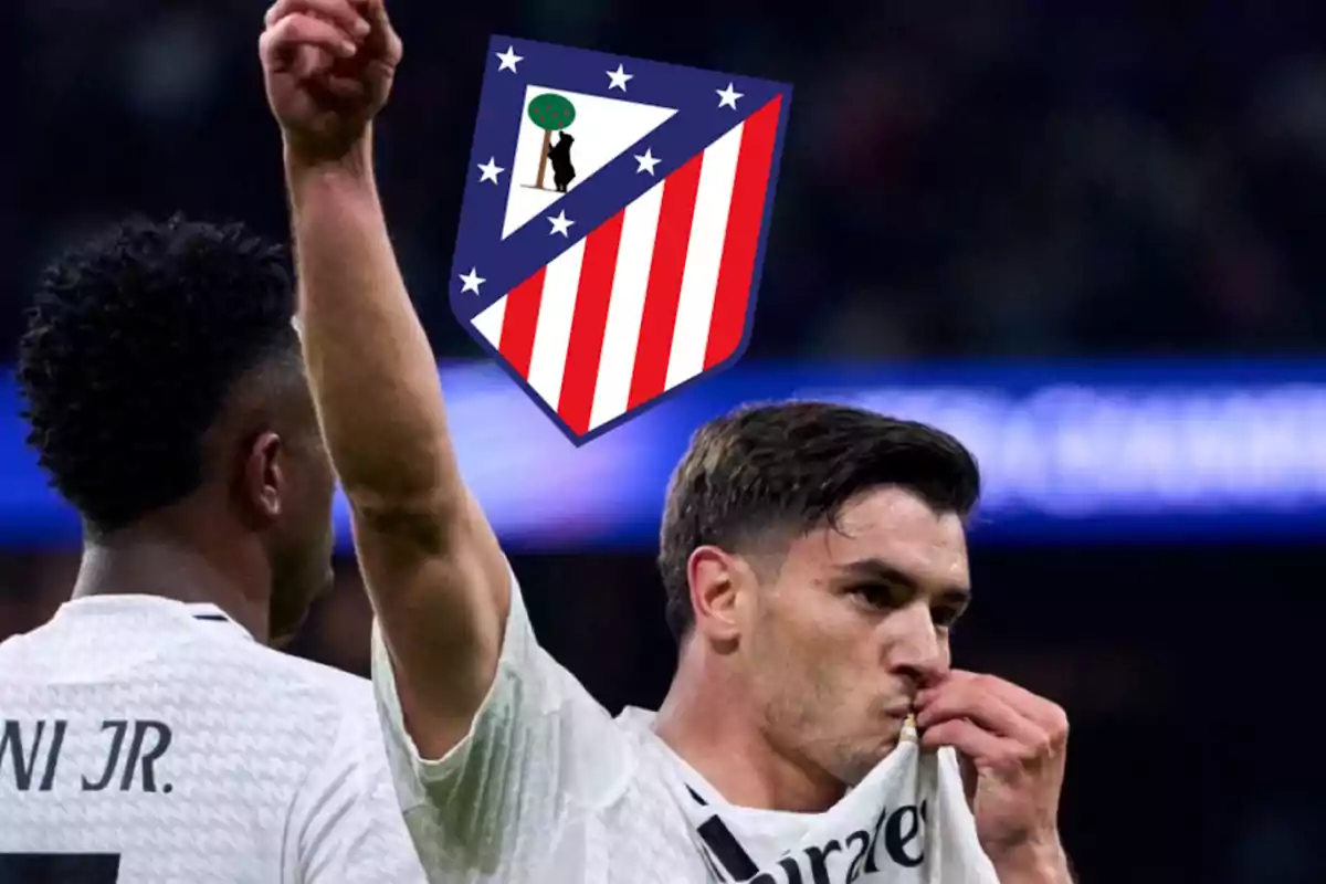 Two players on the field with an Atlético de Madrid crest overlay.