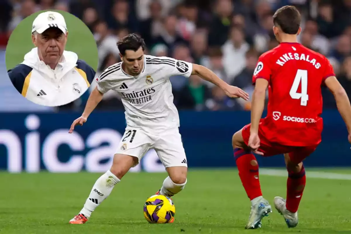 A Real Madrid player controls the ball while a player from the opposing team marks him closely in a soccer match. In an inset, a man wearing a Real Madrid cap and jacket is shown watching the action.