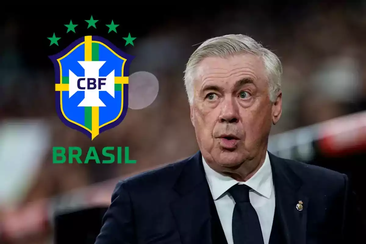 A man in a suit next to the emblem of the Brazilian Football Confederation.