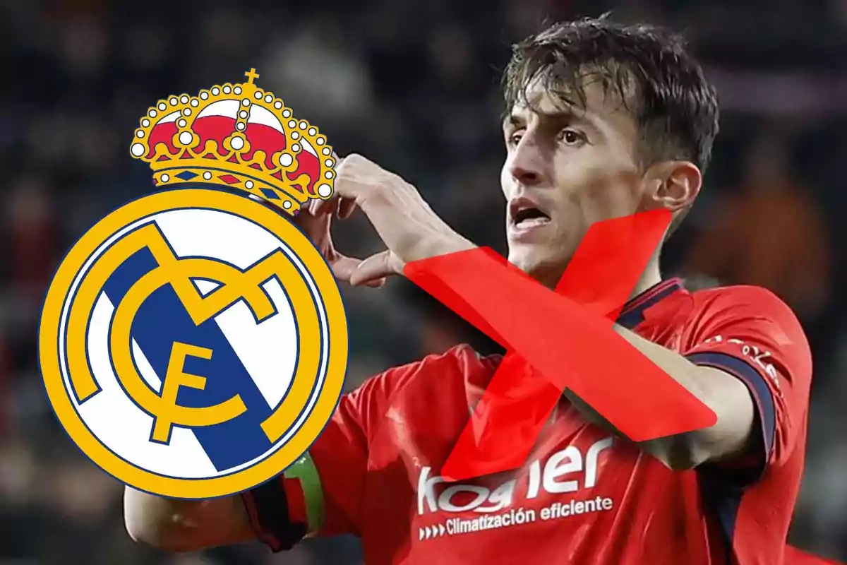 Soccer player in a red uniform making a gesture with his hands, the Real Madrid crest, and a big red X over the image