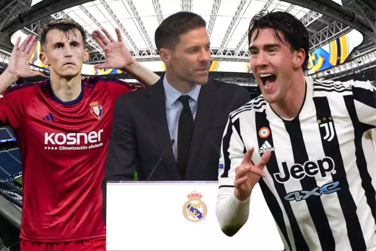 Three people in front of Santiago Bernabéu stadium: one wearing a red Osasuna uniform, another in a suit and tie behind a podium with the Real Madrid crest, and the third in a black and white Juventus uniform celebrating.