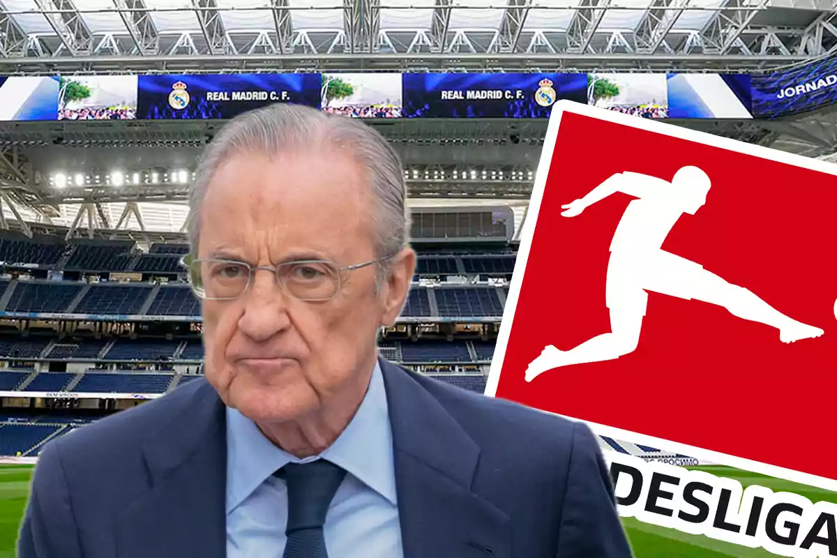 Serious-looking man in a soccer stadium with the Bundesliga logo in the foreground