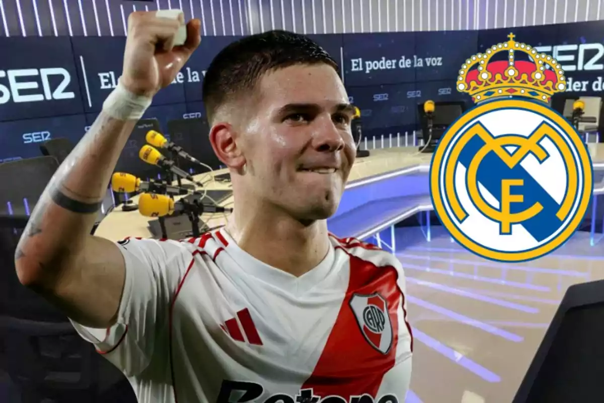 River Plate player celebrating with a raised fist in front of a radio studio and the Real Madrid crest beside him