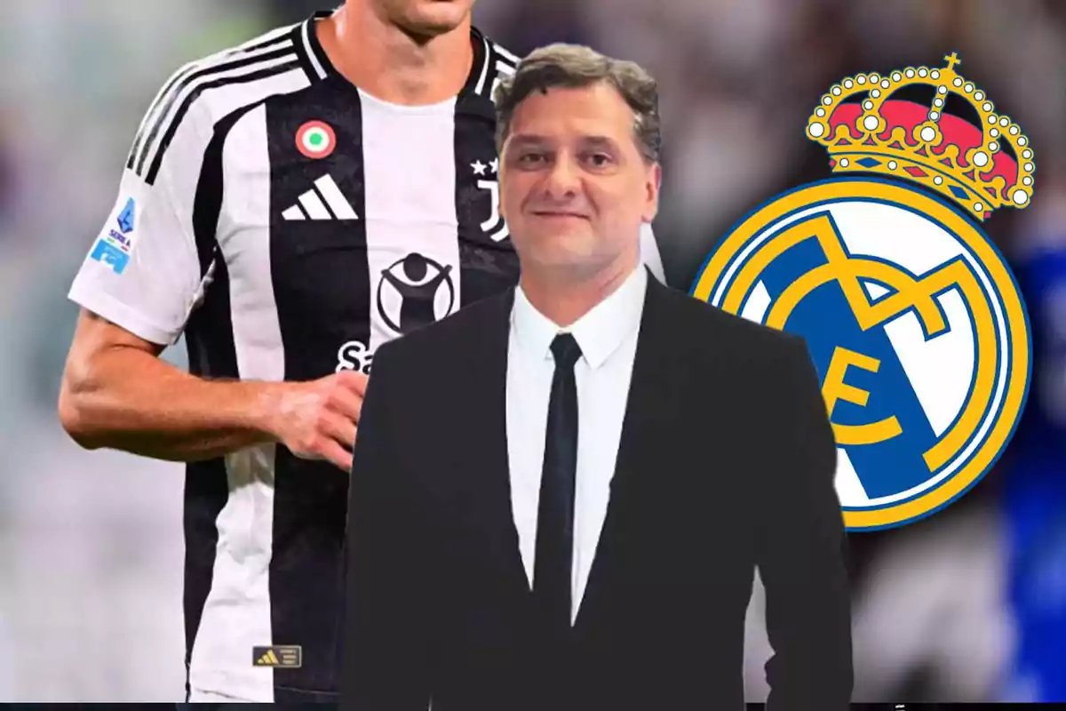 A man in a dark suit is superimposed in front of a soccer player in a black and white uniform, next to the Real Madrid crest.