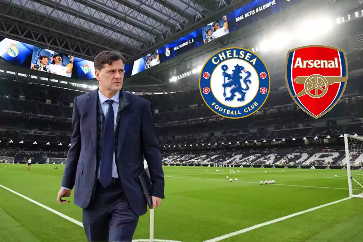 A man in a suit walks through a soccer stadium with the logos of Chelsea and Arsenal clubs superimposed.