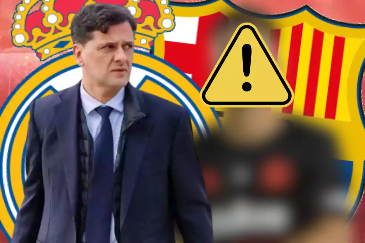 A man in a suit and tie is in front of the Real Madrid and Barcelona crests, with a warning symbol over a blurred figure.