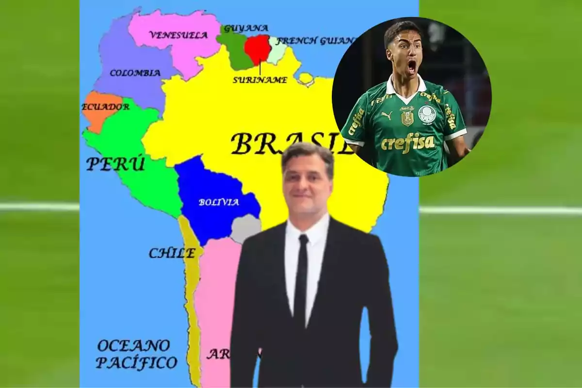 Un mapa de Sudamérica con un hombre en traje frente a él y un círculo con un jugador de fútbol celebrando.