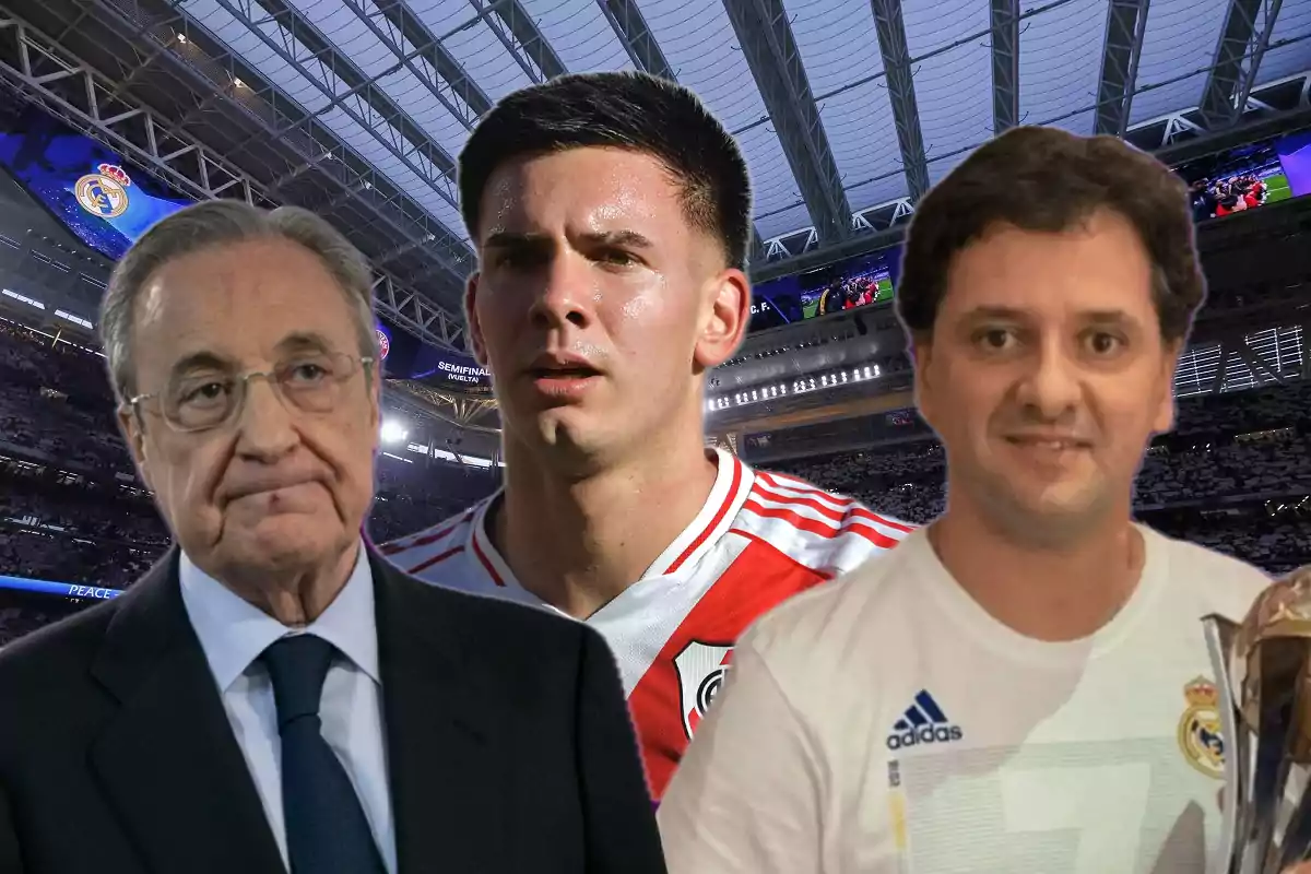 Three men in a soccer stadium: one in a suit, one wearing a River Plate jersey, and another wearing a Real Madrid jersey.