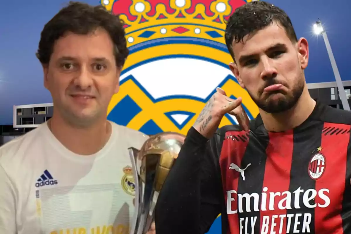 Two men pose in front of a soccer shield; one holds a trophy and wears a white jersey, while the other wears a red and black striped jersey.