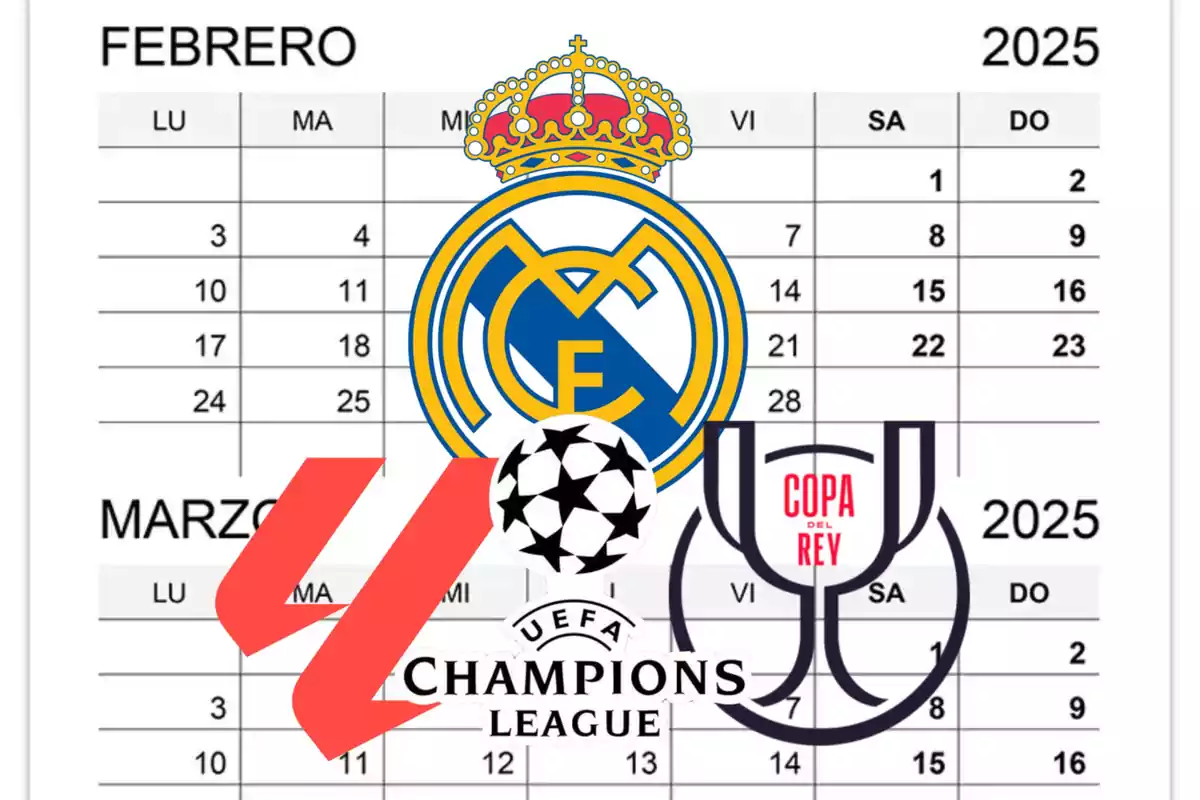 Calendario de febrero y marzo de 2025 con los logos del Real Madrid, la Champions League y la Copa del Rey superpuestos.