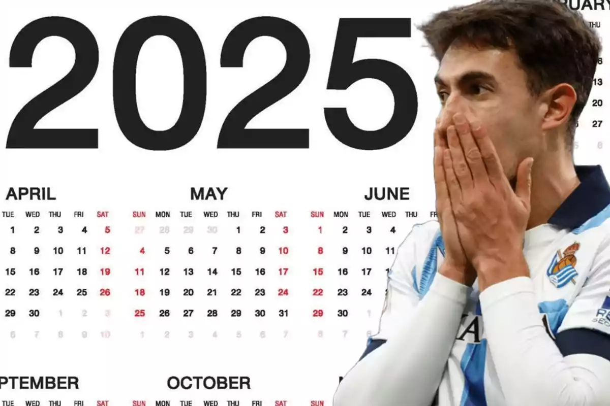 Un jugador de fútbol con las manos en la cara frente a un calendario del año 2025.