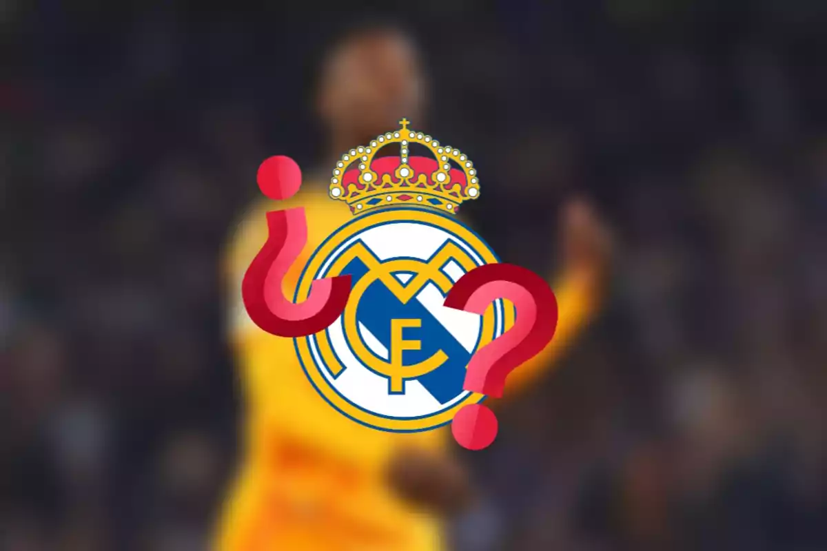 A Real Madrid logo with question marks superimposed over a blurred figure.