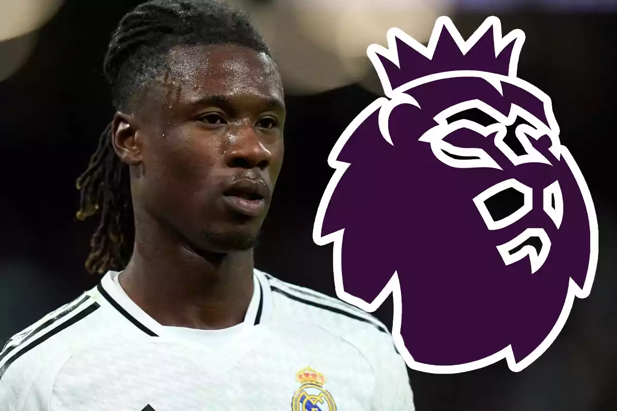 Soccer player wearing a Real Madrid jersey next to the Premier League logo