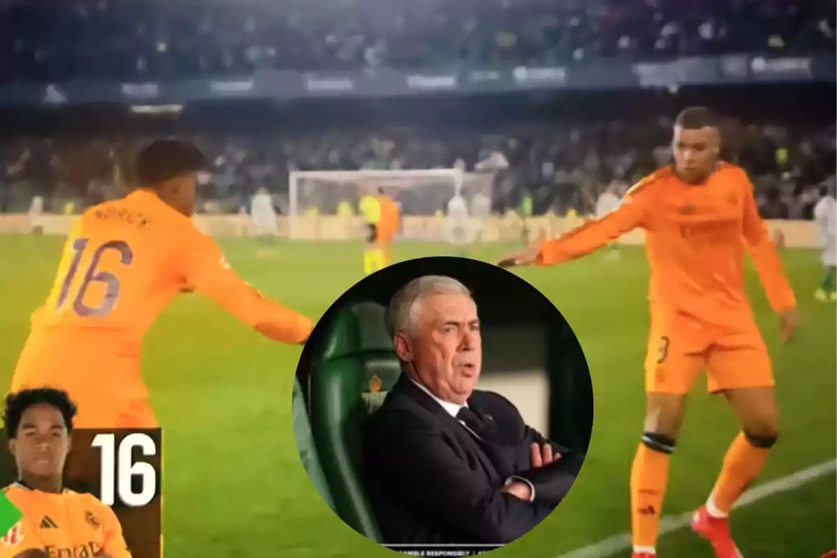 Soccer players in orange uniforms on the field, with a coach watching from the bench in a circular inset.