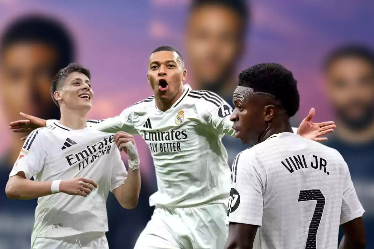 Three Real Madrid players celebrate enthusiastically wearing the team's white uniform against a blurred background.
