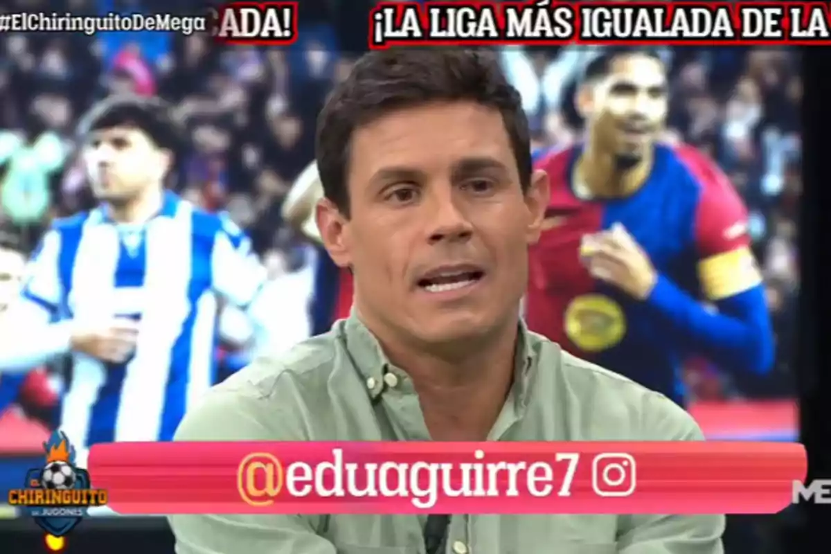 A man speaking on a television show with soccer graphics in the background and text at the bottom displaying an Instagram username.